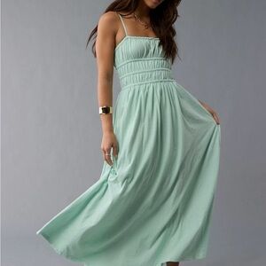 American Eagle Outfitters Green Ruched Maxi Sundress